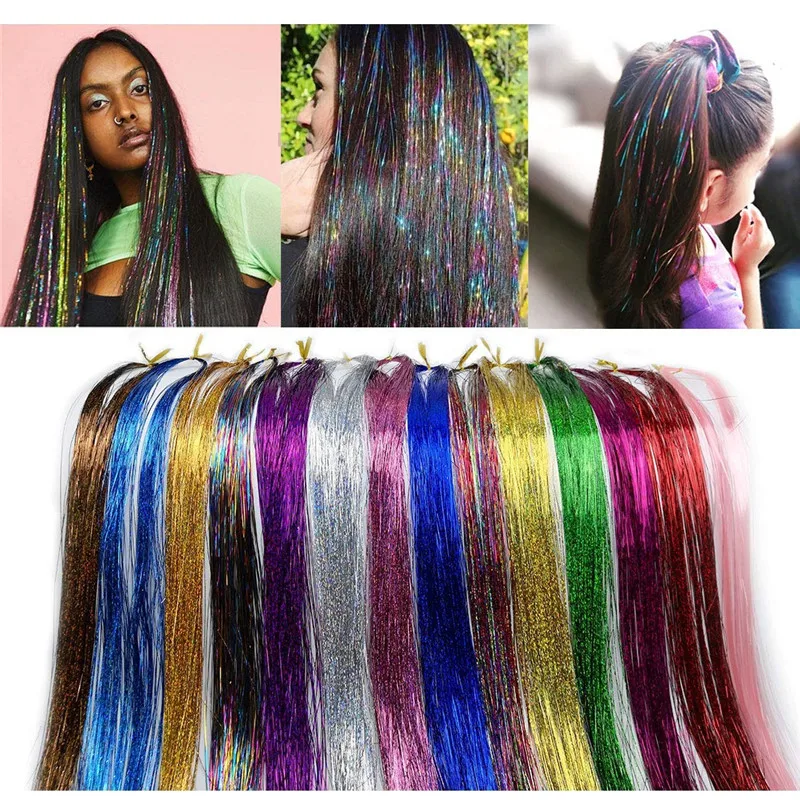

Hair Tinsel Strands Kit 47 Inches 18 Colors 2000 Strands Dazzle Glitter Multi Color Synthetic Sparkling Party Hair Extensions