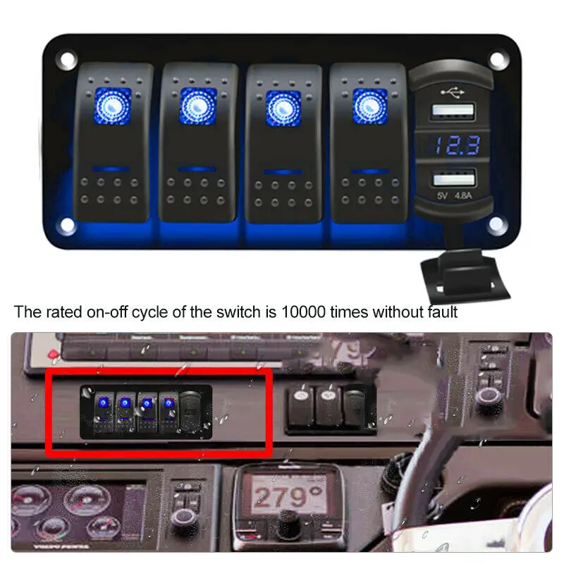 5 Gang ON Off Rocker Switch Aluminum Panel with 4.2A Dual USB Charger Socket & LED Digital Voltmeter Gauge on Car Marine Boat
5 Gang ON Off Rocker Switch Aluminum Panel with 4.2A Dual USB Charger Socket & LED Digital Voltmeter Gauge on Car Marine Boat