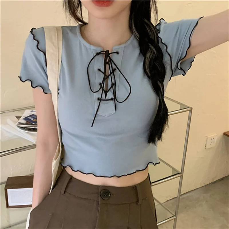 Sweet bandage short T-shirt with fungus in summer Korean style slim slimming short-sleeved girl blouse
Sweet bandage short T-shirt with fungus in summer Korean style slim slimming short-sleeved girl blouse