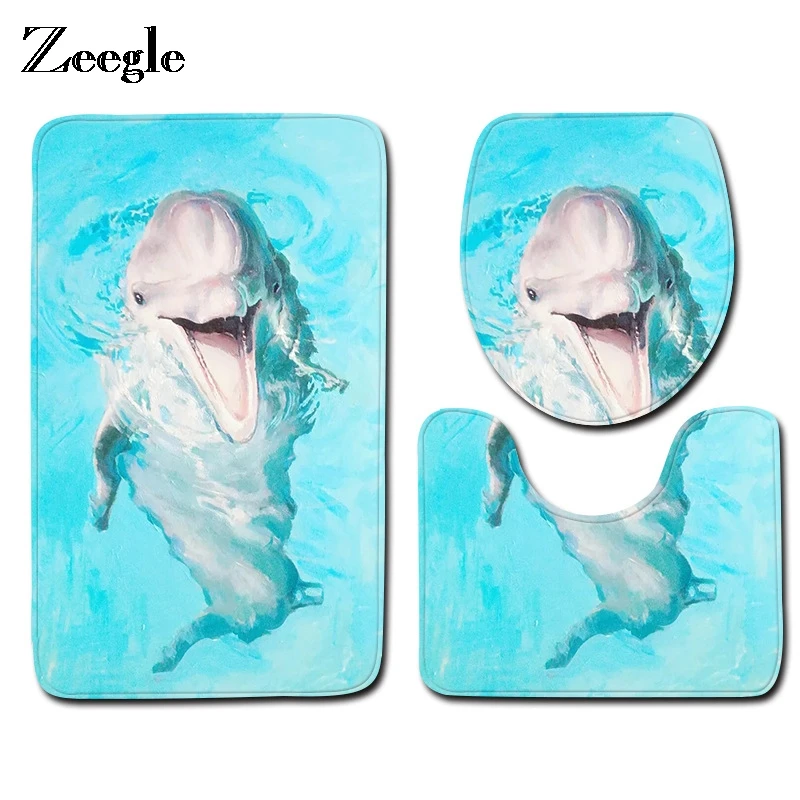 

Zeegle Dolphin Pattern Bathroom Bath Mat Non-Slip Floor Mat Water Absorption Carpet Toilet Seat Cover Set Toilet Area Rug