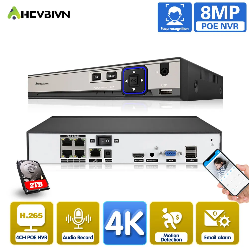 AHCVBIVN 4/8 Channel POE NVR Face Recognition H.265+ 4K 8MP 5MP NVR Network Video Recorder 24/7 Recording IP Camera P2P System
AHCVBIVN 4/8 Channel POE NVR Face Recognition H.265+ 4K 8MP 5MP NVR Network Video Recorder 24/7 Recording IP Camera P2P System