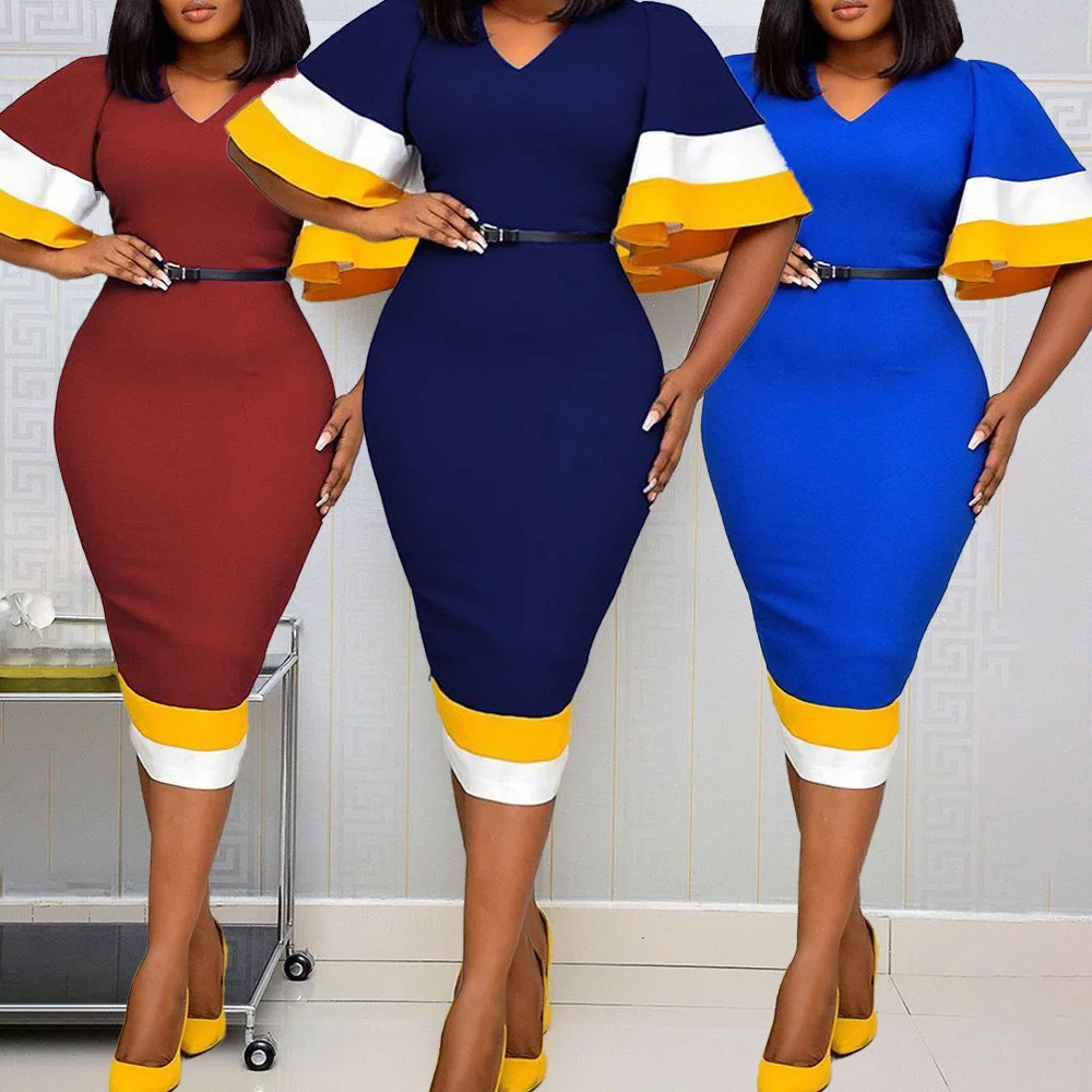 Women's Summer Color Matching Trumpet Sleeves V-neck Hip-lifting Professional Africa Southeast Asia Plus Size Dress With Belt
Women's Summer Color Matching Trumpet Sleeves V-neck Hip-lifting Professional Africa Southeast Asia Plus Size Dress With Belt
