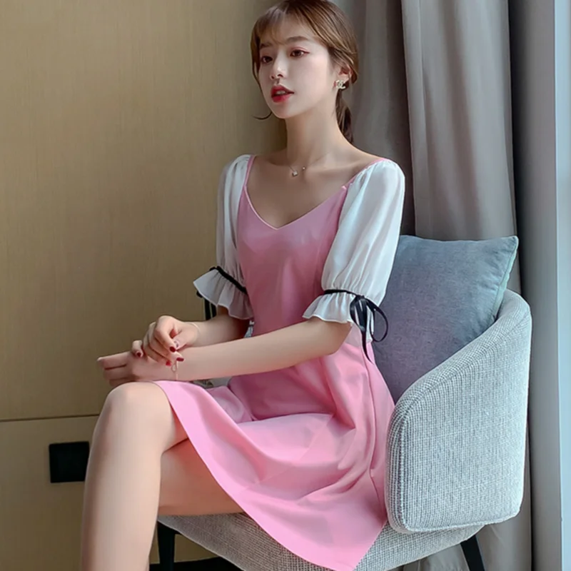 Women Short Sleeve Dress Patchwork Mini Length High Waist V-neck Female Elegant Casual Daily Dresses Korean Style Bow A-line New 
Women Short Sleeve Dress Patchwork Mini Length High Waist V-neck Female Elegant Casual Daily Dresses Korean Style Bow A-line New