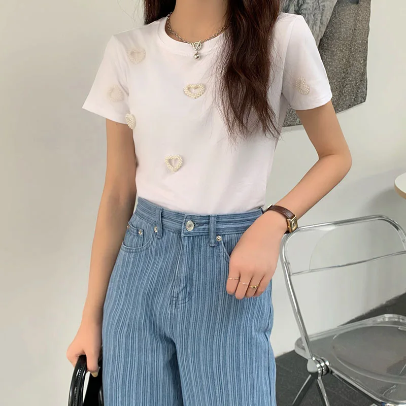 Korean Women Vintage Heart Print Nail The Beads O-Neck Short Sleeves Loose Tops Summer 2021 Mujer Camisetas T-Shirts
Korean Women Vintage Heart Print Nail The Beads O-Neck Short Sleeves Loose Tops Summer 2021 Mujer Camisetas T-Shirts