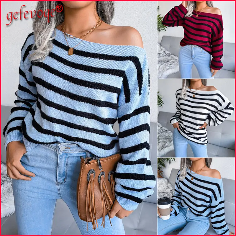 2022 Autumn Winter Off Shoulder Casual Loose Striped Sexy Women's Knitted Sweater Trendy Streetwear Long Sleeve Female Pullovers
2022 Autumn Winter Off Shoulder Casual Loose Striped Sexy Women's Knitted Sweater Trendy Streetwear Long Sleeve Female Pullovers