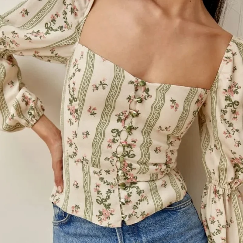 Retro Temperament Square Collar Lantern Sleeve Striped Floral Short Top Print Button T-shirt Chic Long-sleeved Fashion Lady
Retro Temperament Square Collar Lantern Sleeve Striped Floral Short Top Print Button T-shirt Chic Long-sleeved Fashion Lady
