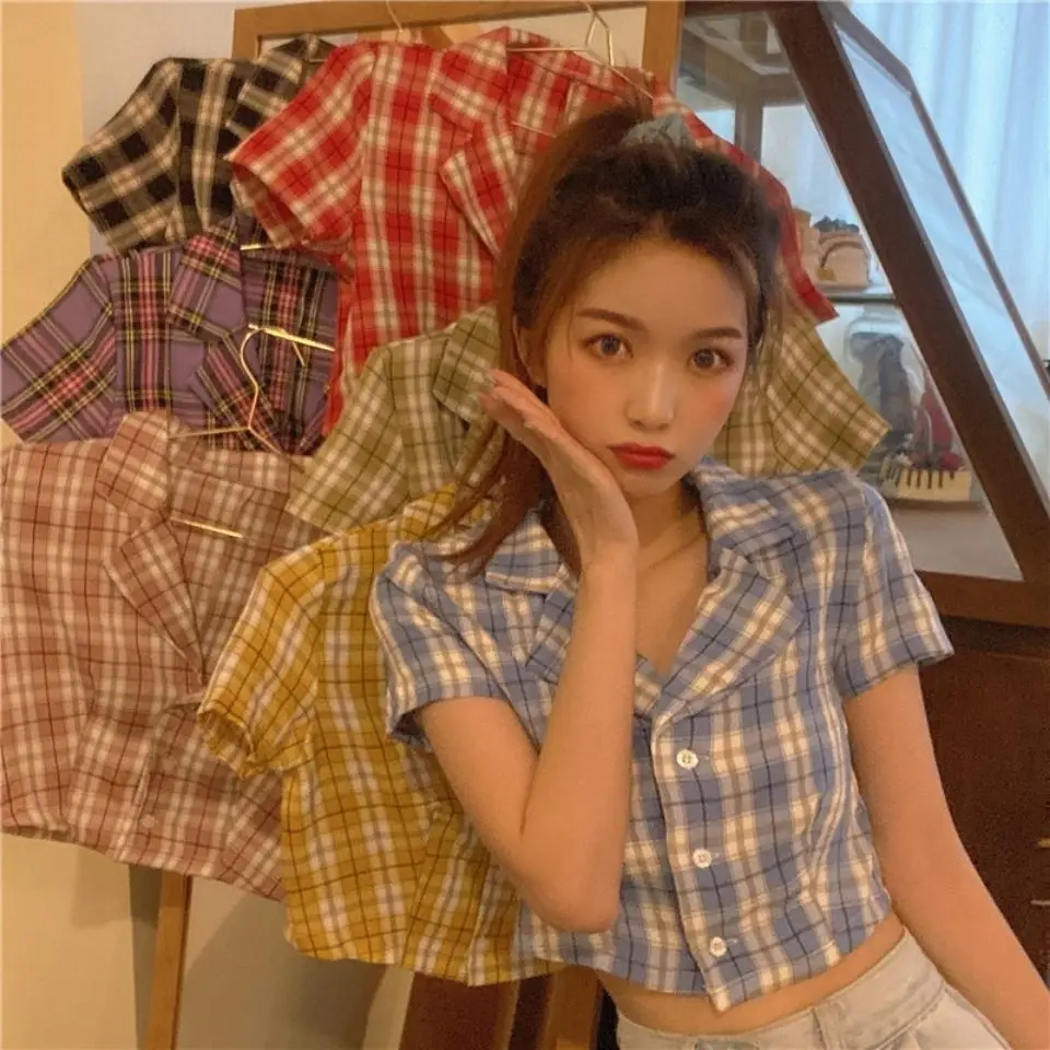 Summer Checked Shirt Blouse Korean Style Suit Collar Short Cropped Tops Shirt Female Retro Plaid Short Sleeve Shirt
Summer Checked Shirt Blouse Korean Style Suit Collar Short Cropped Tops Shirt Female Retro Plaid Short Sleeve Shirt