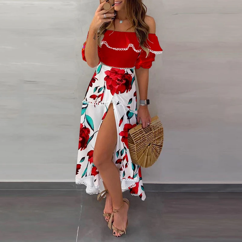 Casual Two-piece Set Fashion Beach Holiday Wear Vintage Floral Off Shoulder Ruffle Tops + Split Skirt Sets 2021 Summer New
Casual Two-piece Set Fashion Beach Holiday Wear Vintage Floral Off Shoulder Ruffle Tops + Split Skirt Sets 2021 Summer New