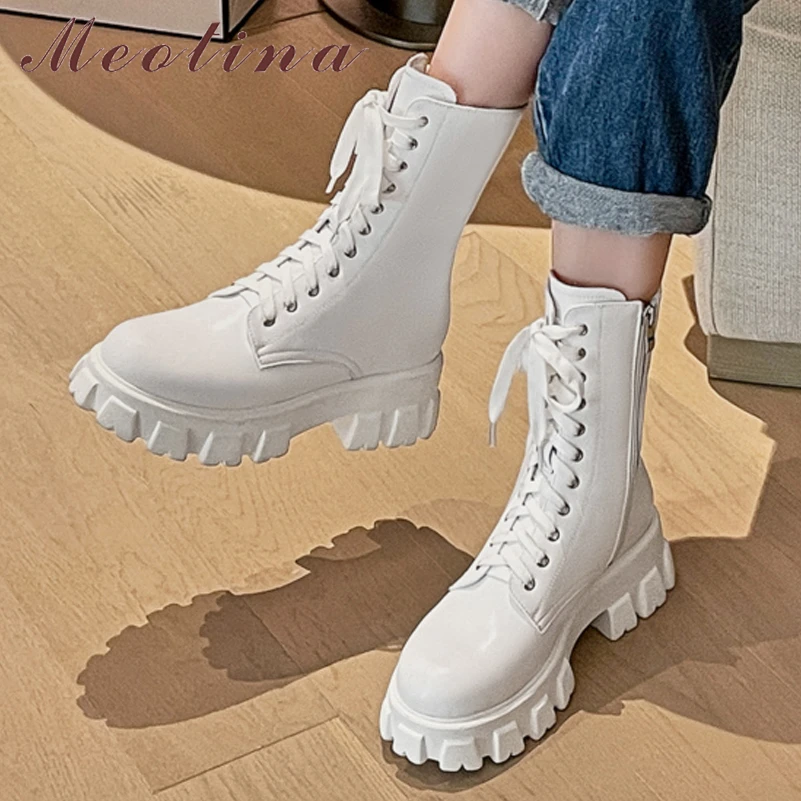 Meotina Genuine Leather Motorcycle Boots Women Platform Thick High Heel Med Calf Boot Zipper Round Toe Shoes 2021 Autumn Winter
Meotina Genuine Leather Motorcycle Boots Women Platform Thick High Heel Med Calf Boot Zipper Round Toe Shoes 2021 Autumn Winter