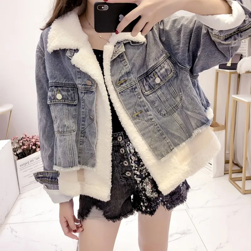 High Street Thick Denim Patchwork Lambswool Womens Two Pieces Jackets Autumn Winter New Long Sleeve Single Breasted Loose Coats
High Street Thick Denim Patchwork Lambswool Womens Two Pieces Jackets Autumn Winter New Long Sleeve Single Breasted Loose Coats