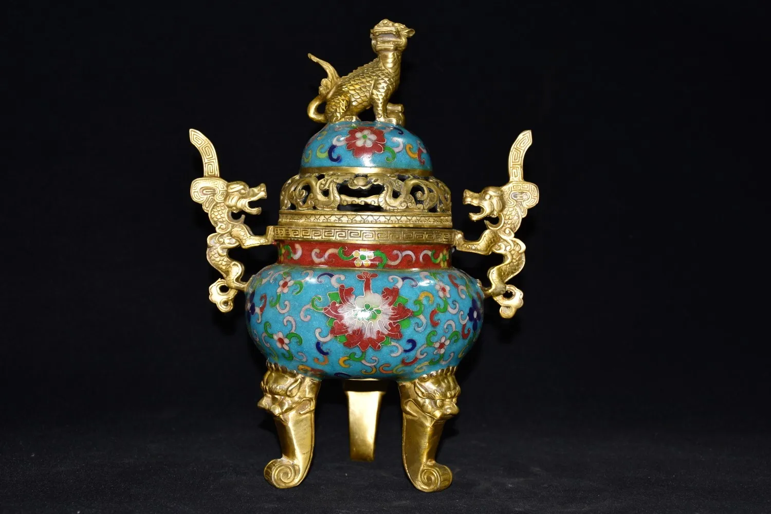 12" Chinese Folk Collection Old Bronze Cloisonne Enamel Lion dragon statue three-legged incense burner Ornament Town house
12" Chinese Folk Collection Old Bronze Cloisonne Enamel Lion dragon statue three-legged incense burner Ornament Town house