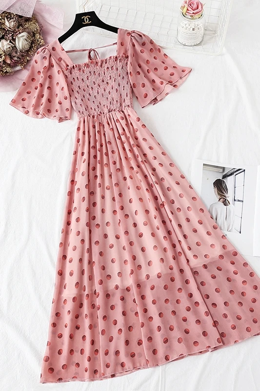 2021 Summer Polka Dot Print Chiffon Dress Sweet Short sleeve Ruffle Midi Dress Women Bohemia Elegant Pink Party
2021 Summer Polka Dot Print Chiffon Dress Sweet Short sleeve Ruffle Midi Dress Women Bohemia Elegant Pink Party