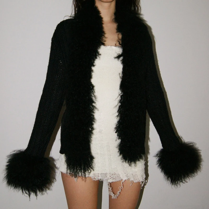 WeiYao Black Solid Knitted Y2K Cardigan Fur Trim Elegant Fashion Sweaters Women Long Sleeve Slim Autumn Winter Jackets Outwear
WeiYao Black Solid Knitted Y2K Cardigan Fur Trim Elegant Fashion Sweaters Women Long Sleeve Slim Autumn Winter Jackets Outwear