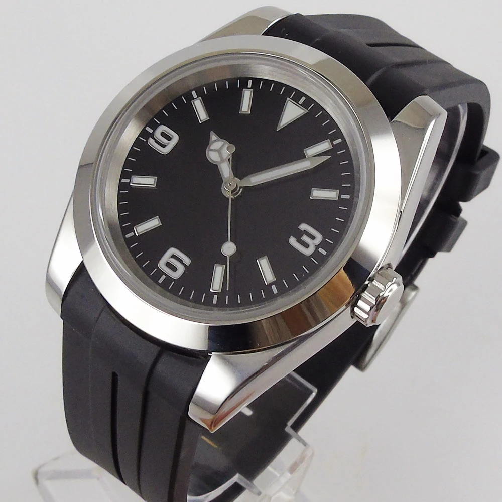 36mm Black Sterile Dial Polished Bezel Luminous Sapphire Glass Rubber Automatic NH35 Miyota 8215 MOVEMENT Men's Wristwatch
36mm Black Sterile Dial Polished Bezel Luminous Sapphire Glass Rubber Automatic NH35 Miyota 8215 MOVEMENT Men's Wristwatch