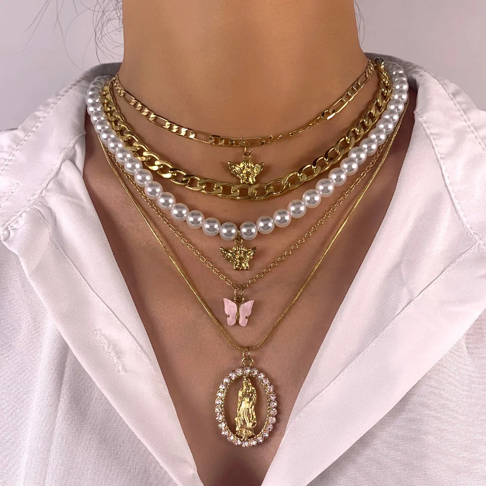 Fashion Butterfly Angel Pearl Beads Chain Necklace For Women Multilayer Golden Portrait Crystal Pendant Necklaces Boho Jewelry
Fashion Butterfly Angel Pearl Beads Chain Necklace For Women Multilayer Golden Portrait Crystal Pendant Necklaces Boho Jewelry