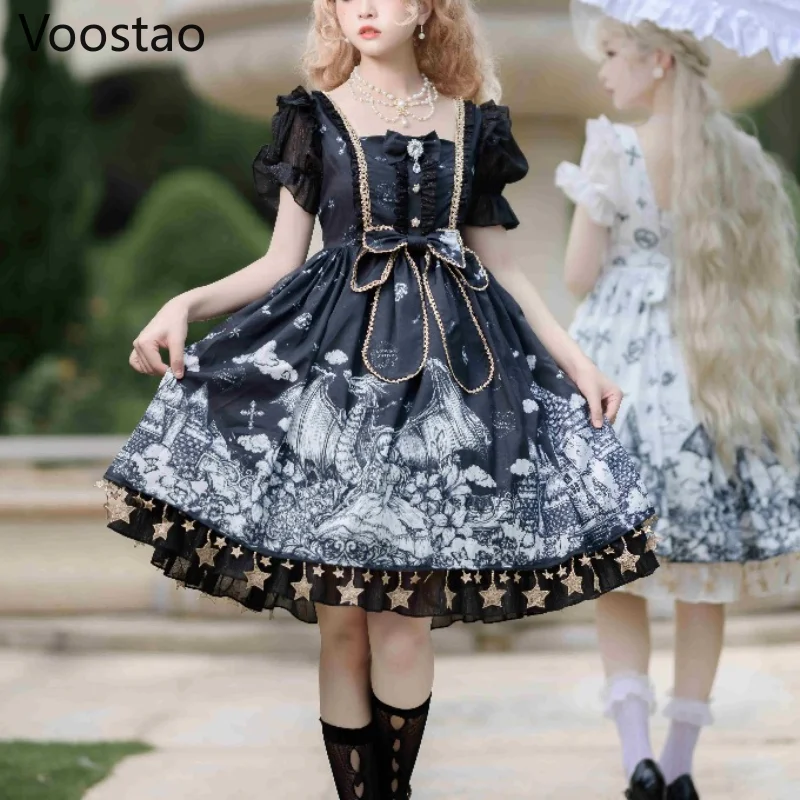 Japanese Gothic Lolita Op Dress Women Harajuku Dragon Witch Print Dark Punk Party Dress Girls Vintage Victorian Princess Dresses
Japanese Gothic Lolita Op Dress Women Harajuku Dragon Witch Print Dark Punk Party Dress Girls Vintage Victorian Princess Dresses