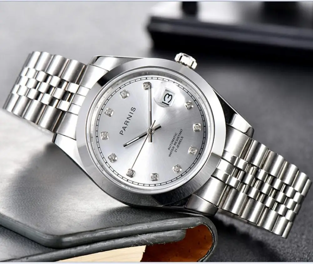 PARNIS 40mm silver dial 21 jewels Automatic Self-Wind mechanical movement men's watch sapphire glass Mechanical watches GR115
PARNIS 40mm silver dial 21 jewels Automatic Self-Wind mechanical movement men's watch sapphire glass Mechanical watches GR115