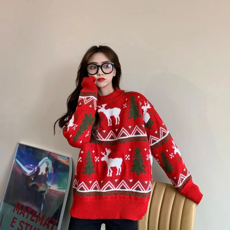 

AECU 2020 Women Christmas Sweater Winter Ugly Sweater Warm Knitted Jumpers Knitwear Snowflake Elk Print Sweaters and Pullovers