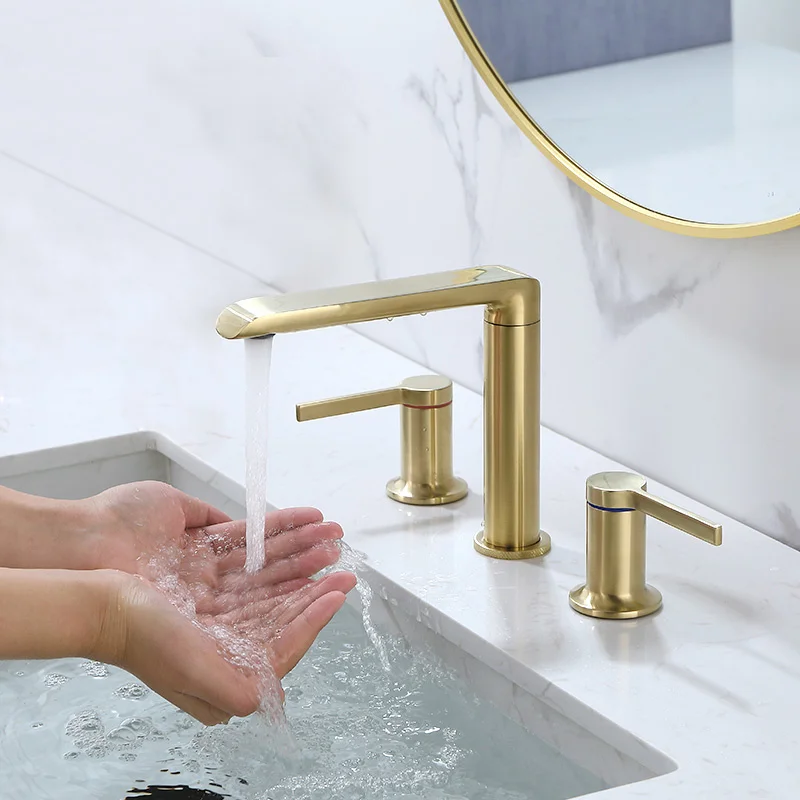

Brushed Gold Bathroom Widespread Basin Faucets Soild Brass Sink Mixer Hot & Cold Lavatory Crane Vessel 2 Handle 3 Hole Black