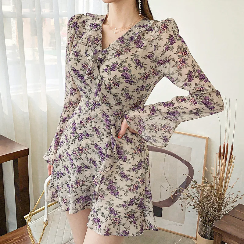 S-XL Plus Size Korean Fashion Autumn Chiffon Dress Ladies with Belt Elegant Sundress Woman Long Flare Sleeve Purple Floral Dress
S-XL Plus Size Korean Fashion Autumn Chiffon Dress Ladies with Belt Elegant Sundress Woman Long Flare Sleeve Purple Floral Dress