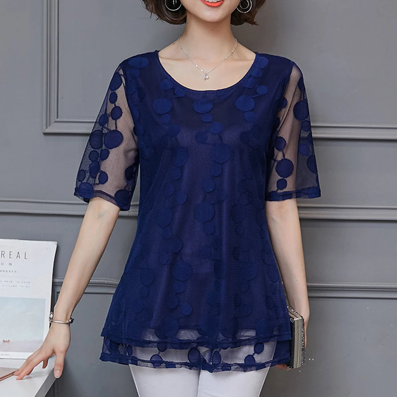 Long Lace shirt Plus Size L-5xl Dot Women Short Sleeve Blouse shirts Chiffon Women Tops Mesh Transparent Feminine Blusa 911i 
Long Lace shirt Plus Size L-5xl Dot Women Short Sleeve Blouse shirts Chiffon Women Tops Mesh Transparent Feminine Blusa 911i