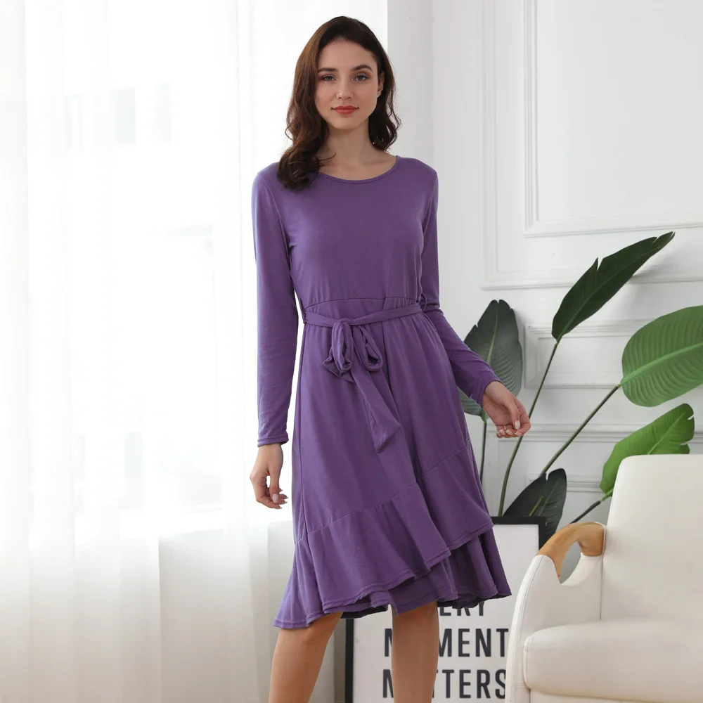 Ursuper European and American New Women's Clothes Pure Color Tied Dress New round Neck Long Sleeve Flounced Skirt 
Ursuper European and American New Women's Clothes Pure Color Tied Dress New round Neck Long Sleeve Flounced Skirt