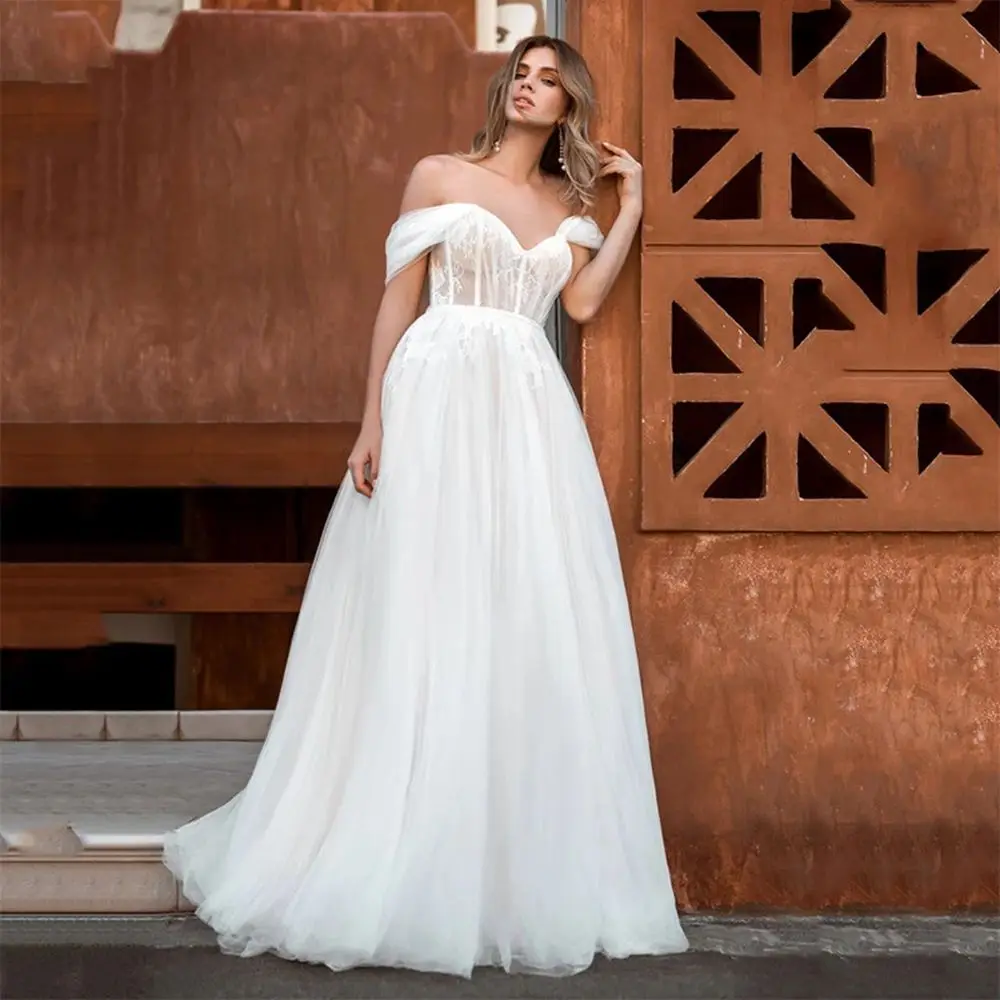 

Sexy Weddding Dresses 2021 Off the Shoulder Sweetheart Lace Backless Illusion A Line Sweep Train Bridal Gowns Vestido De Noiva