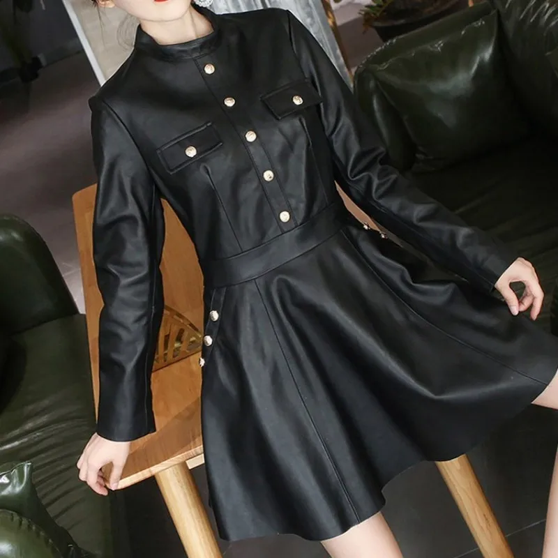 100% Sheepskin Genuine Leather Midi Dress Fashion Elegant Slim Black A-Line Dress Street High Waist Pullover Long Sleeve Dress
100% Sheepskin Genuine Leather Midi Dress Fashion Elegant Slim Black A-Line Dress Street High Waist Pullover Long Sleeve Dress
