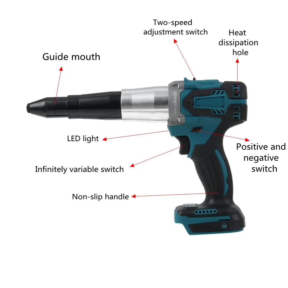 Cordless Electric Blind Riveter Electric Rivet Gun 2mm-5mm Portable Screwdriver Rvet Nut Rechargeable For Makita 18V Battery 
Cordless Electric Blind Riveter Electric Rivet Gun 2mm-5mm Portable Screwdriver Rvet Nut Rechargeable For Makita 18V Battery