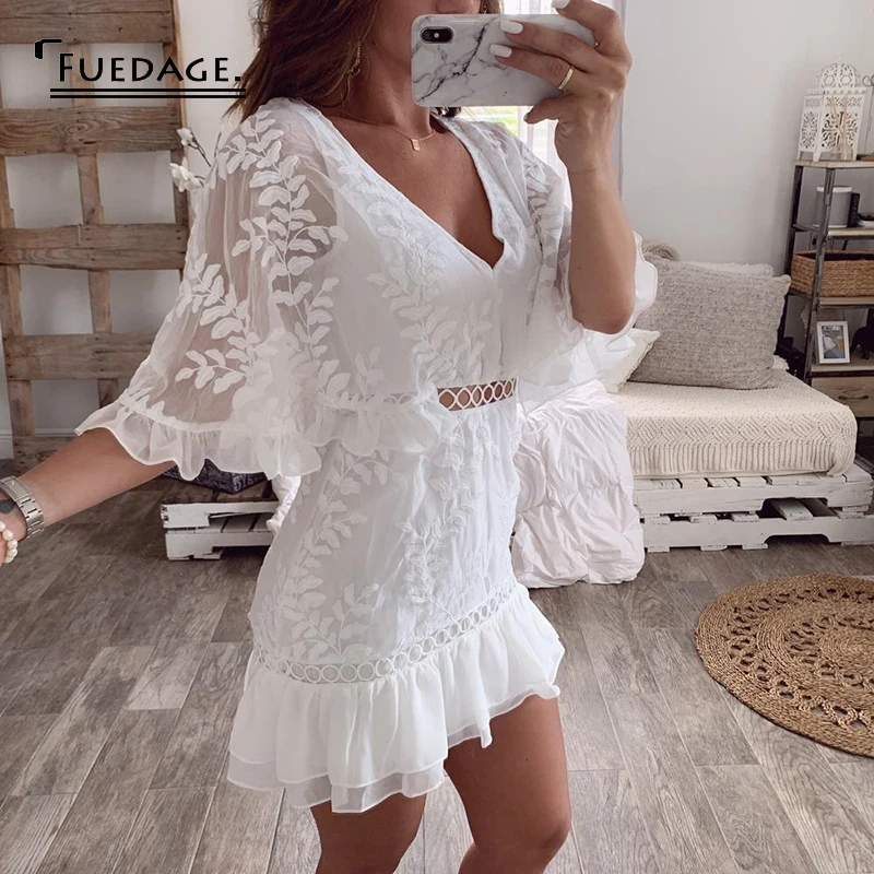Fuedage Autumn Lace White Sexy Dress Women V Neck Hollow Out Ruffles Petal Sleeve Dresses Backless Floral Club Party Vestidos | Женская