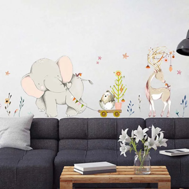 Cartoon Forest Flowe Elephant Rabbit Giraffe Animal Wall Stickers Kids Room Decoration Vinyl Wallpaper Baby Bedroom Decals | Дом и сад