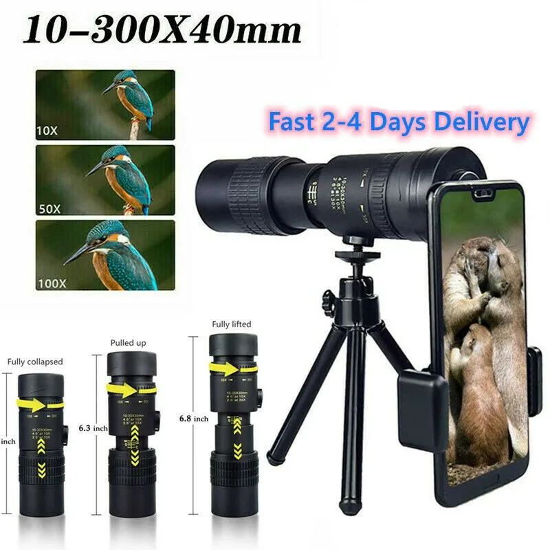 4k 10-300x40mm Monocular Telescope Compact Retractable Zoom Waterproof Professional HD ED Glass With Tripod Phone Clip
4k 10-300x40mm Monocular Telescope Compact Retractable Zoom Waterproof Professional HD ED Glass With Tripod Phone Clip