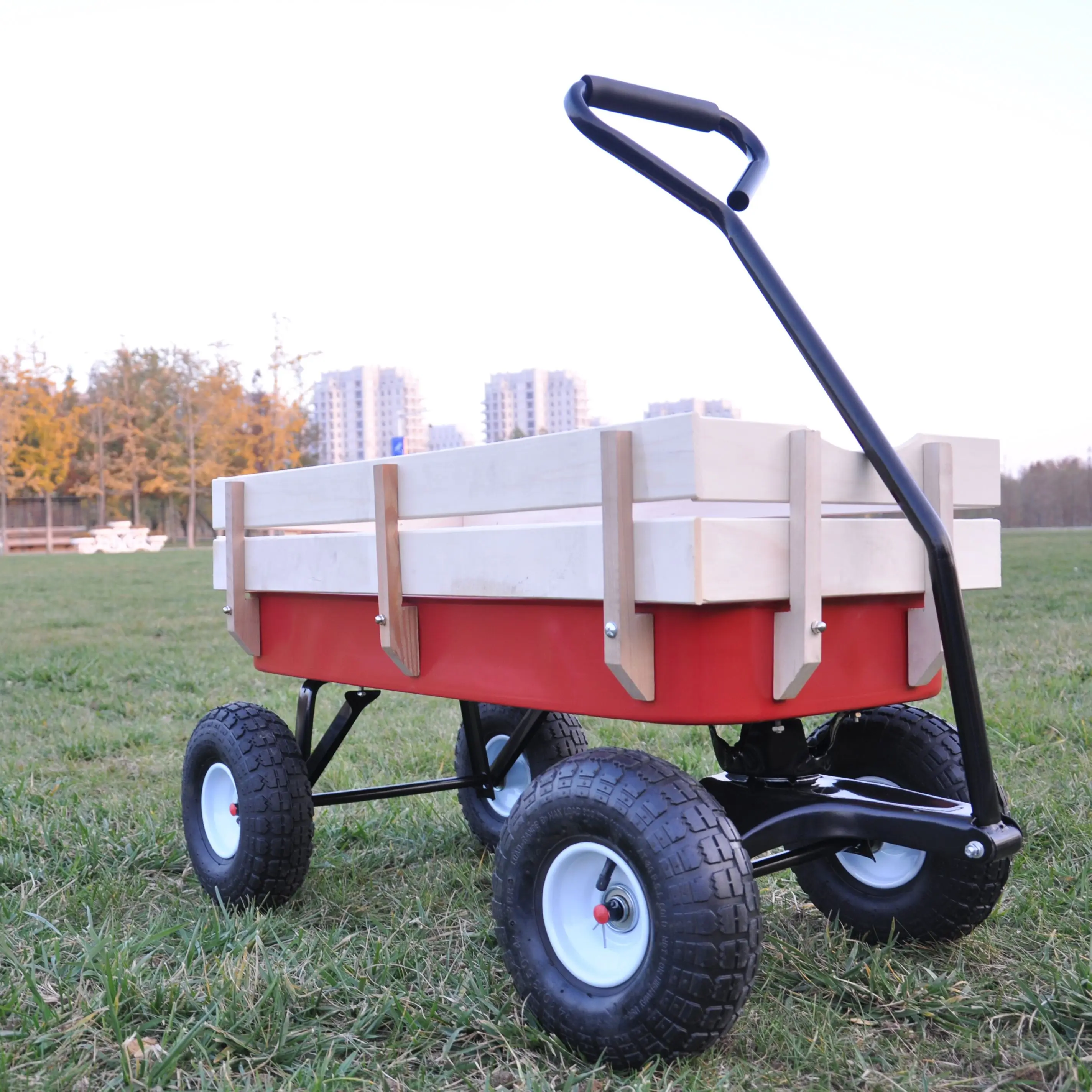 

Kids Camping Cart Outdoor Camping Cart Outdoor Utility Wagon Park Picnic Wagon All Terrain Pulling Wooden Railing Air Tires Gift