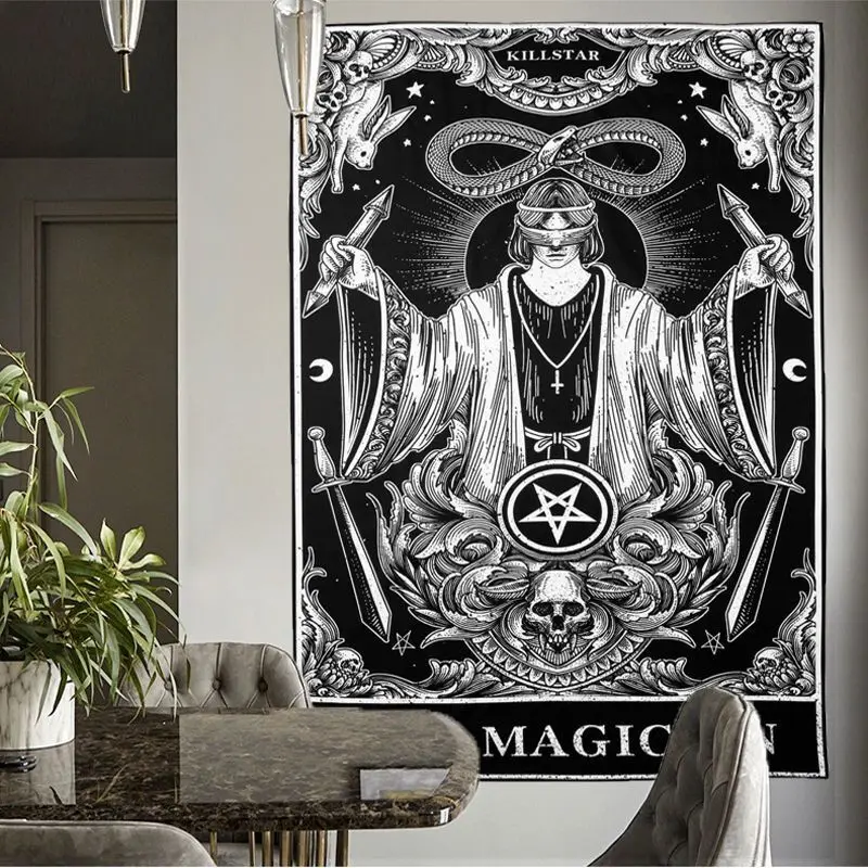 

Diablo The Magician Tapestry Wall Hanging Black White Plush Home Room Decor Art Celestial Divine Tarot Tapestries Wall Carpets