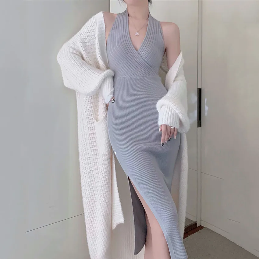 Women Sleeveless Sexy Halter Neck Dress High Street Fashion Slim Sheath Party Club Dress Knitted Sweater Dresses Vestidos
Women Sleeveless Sexy Halter Neck Dress High Street Fashion Slim Sheath Party Club Dress Knitted Sweater Dresses Vestidos