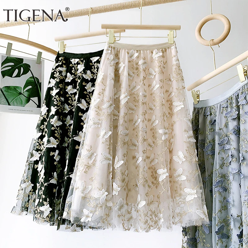 TIGENA Midi Long Lace Tulle Skirt Women Fashion 2021 Elegant Butterfly Embroidery A Line High Waist Mid-length Mesh Skirt Female 
TIGENA Midi Long Lace Tulle Skirt Women Fashion 2021 Elegant Butterfly Embroidery A Line High Waist Mid-length Mesh Skirt Female