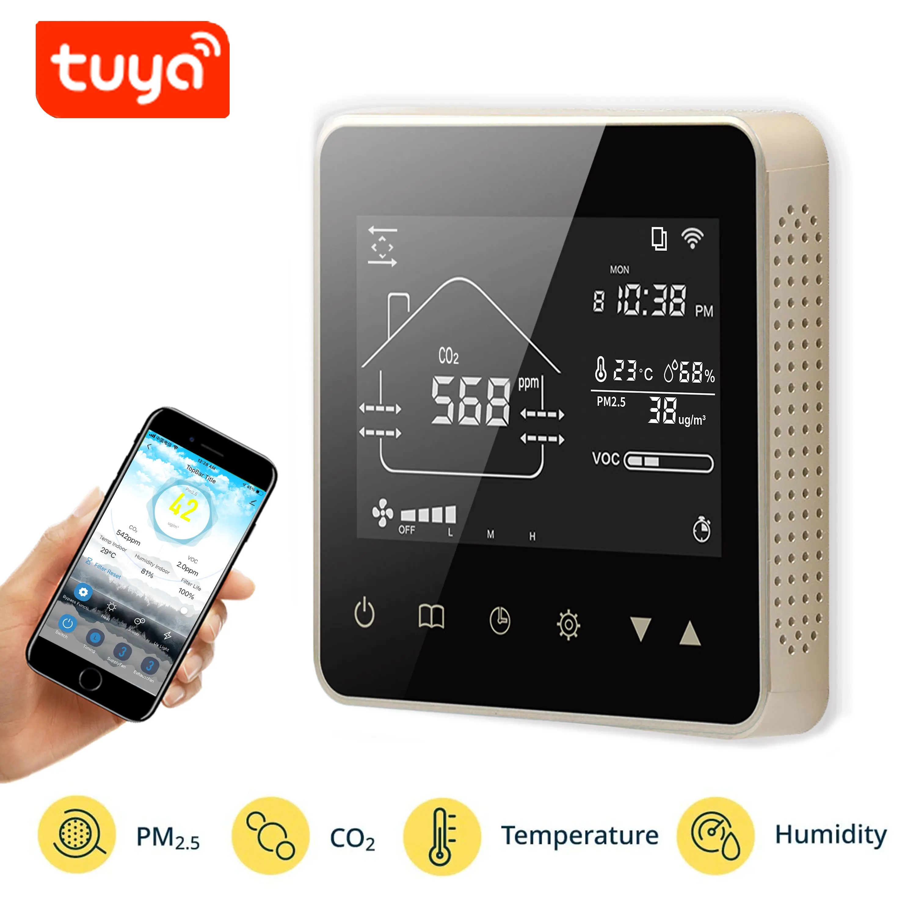 Wi-Fi Датчик качества воздуха TUYA 5-в-1 CO2 PM2.5 датчик с регулируемым управлением для