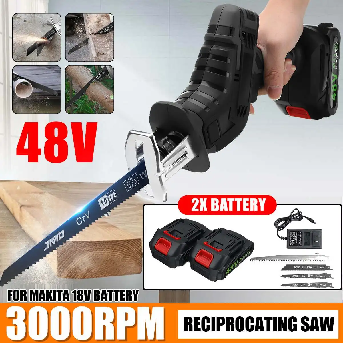 48V Cordless Reciprocating Saw With Saw Blades Electric Saw Variable Speed Metal Wood Cutter Powers Tool for Makita 18V Battery
48V Cordless Reciprocating Saw With Saw Blades Electric Saw Variable Speed Metal Wood Cutter Powers Tool for Makita 18V Battery