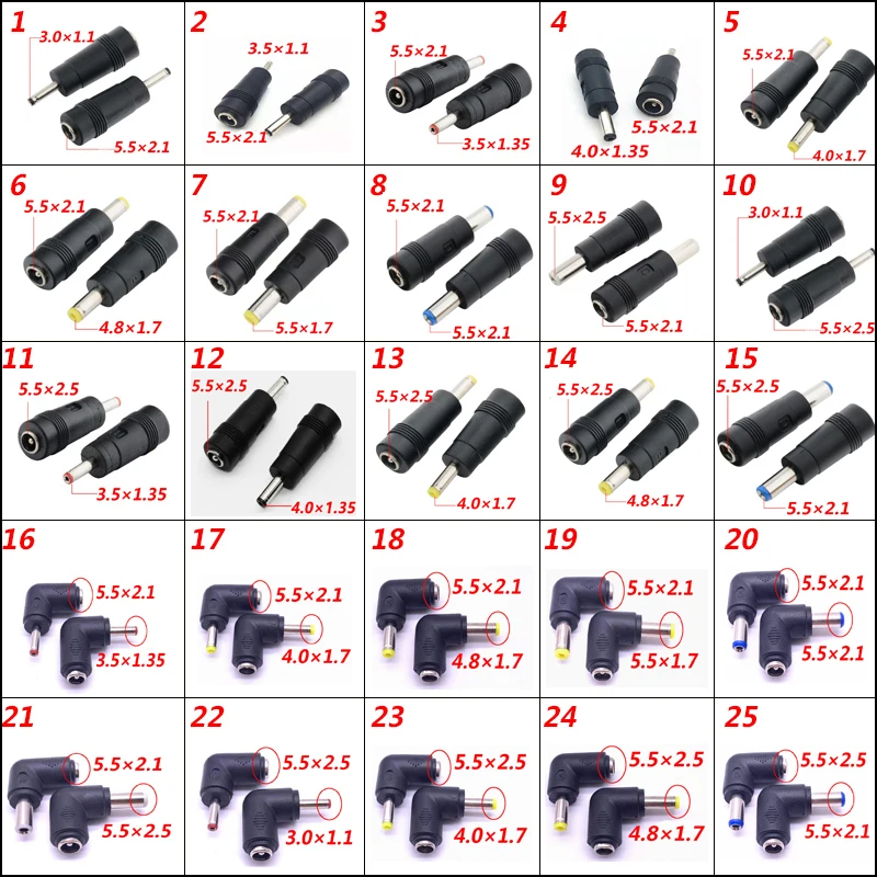 DC Connector 5.5 x 2.1/2.5mm Female to 3.0×1.1、4.0×1.35、4.0×1.7、5.5×2.1、5.5×2.5mm Male Plug Converter Laptop Power Adapter
DC Connector 5.5 x 2.1/2.5mm Female to 3.0×1.1、4.0×1.35、4.0×1.7、5.5×2.1、5.5×2.5mm Male Plug Converter Laptop Power Adapter
