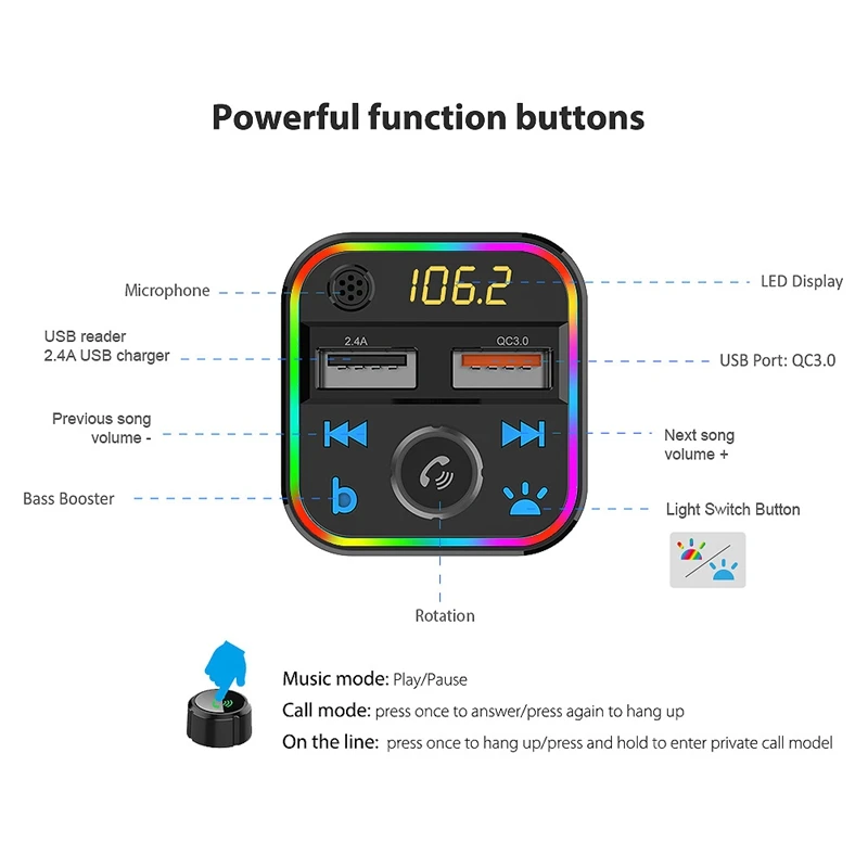 Bluetooth 5.0 Car Kit Handsfree FM Transmitter Stereo Audio Receiver QC3.0 Quick Charge Car Charger with One Key Bass
Bluetooth 5.0 Car Kit Handsfree FM Transmitter Stereo Audio Receiver QC3.0 Quick Charge Car Charger with One Key Bass