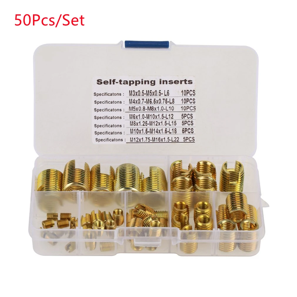 50 Pieces Brass Self Tapping Thread Slotted Inserts Combination Set Steel Internal Thread Repair Tool
50 Pieces Brass Self Tapping Thread Slotted Inserts Combination Set Steel Internal Thread Repair Tool