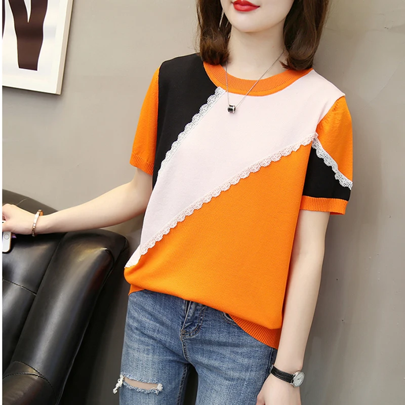 2021 Spring Autumn Women T-shirt Women Clothes Ribbed Knitted Short Sleeve Tops Tee Female Slim Multi-color stitching Tops
2021 Spring Autumn Women T-shirt Women Clothes Ribbed Knitted Short Sleeve Tops Tee Female Slim Multi-color stitching Tops