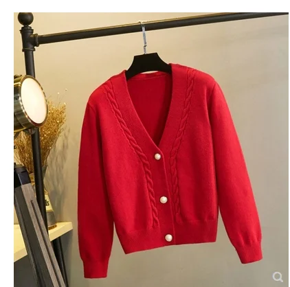 Sweater new sweater cardigan women's spring and autumn new V-neck pearl single-breasted loose short Women sweater Mujer Sueter 
Sweater new sweater cardigan women's spring and autumn new V-neck pearl single-breasted loose short Women sweater Mujer Sueter