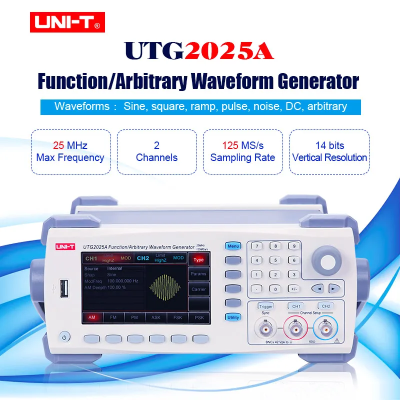 UNI-T UTG2025A Function/Arbitrary Waveform Generator 200MS/s 25MHz Channels 2 USB Device 4.3 Inches 64K Color TFT LCD Display
UNI-T UTG2025A Function/Arbitrary Waveform Generator 200MS/s 25MHz Channels 2 USB Device 4.3 Inches 64K Color TFT LCD Display