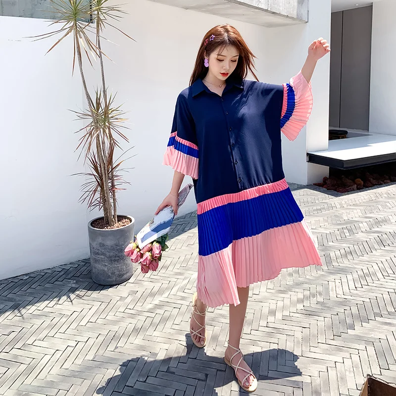 Pleated Contrast Color Summer Shirt Dresses For Women Korean Fashion Lapel Short Sleeve Casual Midi Dress Elegant Clothes 2021 
Pleated Contrast Color Summer Shirt Dresses For Women Korean Fashion Lapel Short Sleeve Casual Midi Dress Elegant Clothes 2021