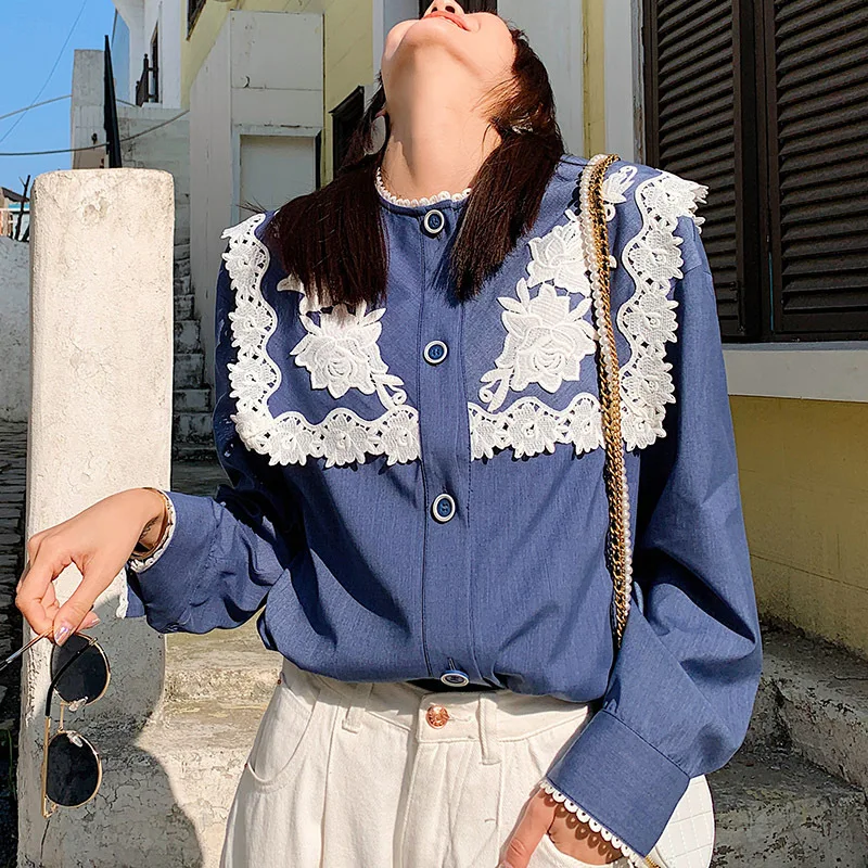 SuperAen 2021 Lace Patchwork Turn Down Collar Blue Shirt Spring New Loose Slim Full Top
SuperAen 2021 Lace Patchwork Turn Down Collar Blue Shirt Spring New Loose Slim Full Top