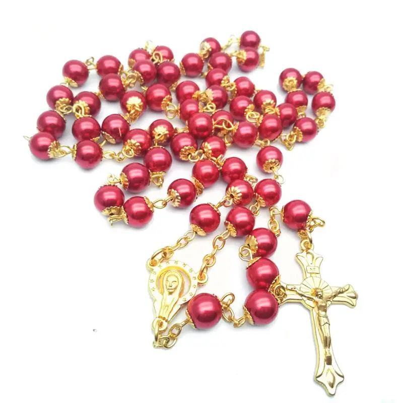 QIGO 8 mm Pearl Rosary Necklace With Cup For Wedding Long Cross Pendant Catholic Jewelry | Украшения и аксессуары