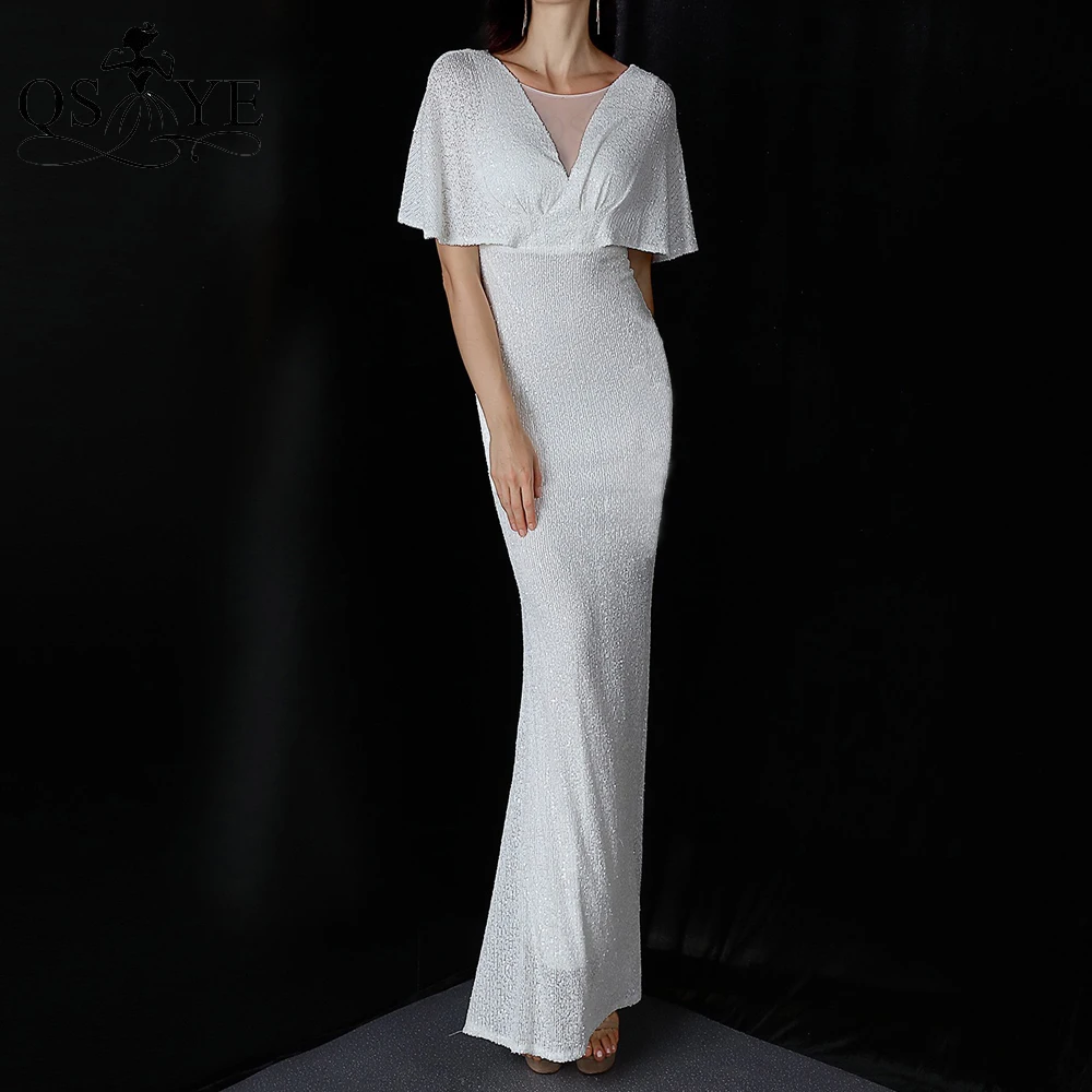 White Sequin Evening Dresses Mermaid Short Sleeves Sexy V Neck Evening Gown Elegant Glitter Bat Sleeves Formal Party Dress 
White Sequin Evening Dresses Mermaid Short Sleeves Sexy V Neck Evening Gown Elegant Glitter Bat Sleeves Formal Party Dress