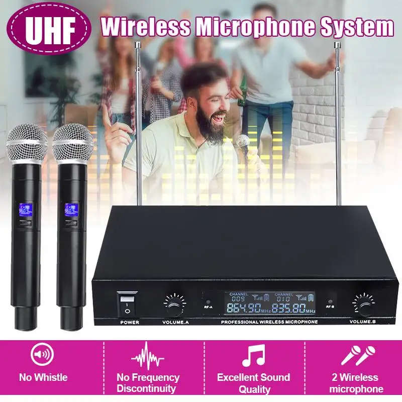 Efficient UHF Wireless Microphone System Receiver 2 Channel 2 Cordless Handheld Microphone Kraoke KTV Speech Home Party Supplies
Efficient UHF Wireless Microphone System Receiver 2 Channel 2 Cordless Handheld Microphone Kraoke KTV Speech Home Party Supplies