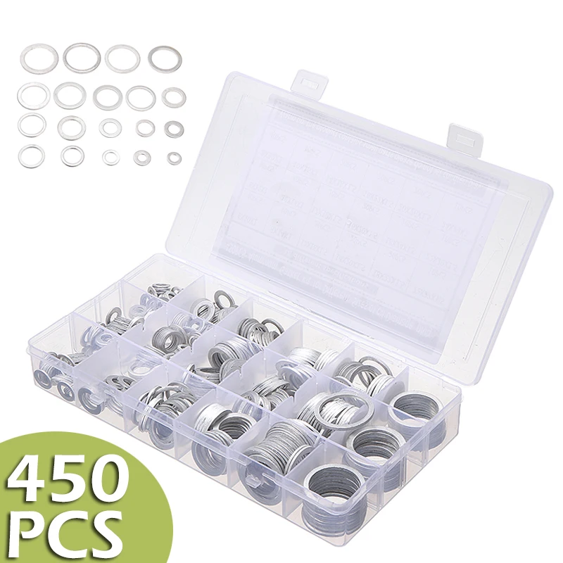 450pcs/set Aluminum Flat Washers Aluminum Sealing Washer Gasket Rings Assorted Flat Ring Seal Kit Set with Box
450pcs/set Aluminum Flat Washers Aluminum Sealing Washer Gasket Rings Assorted Flat Ring Seal Kit Set with Box